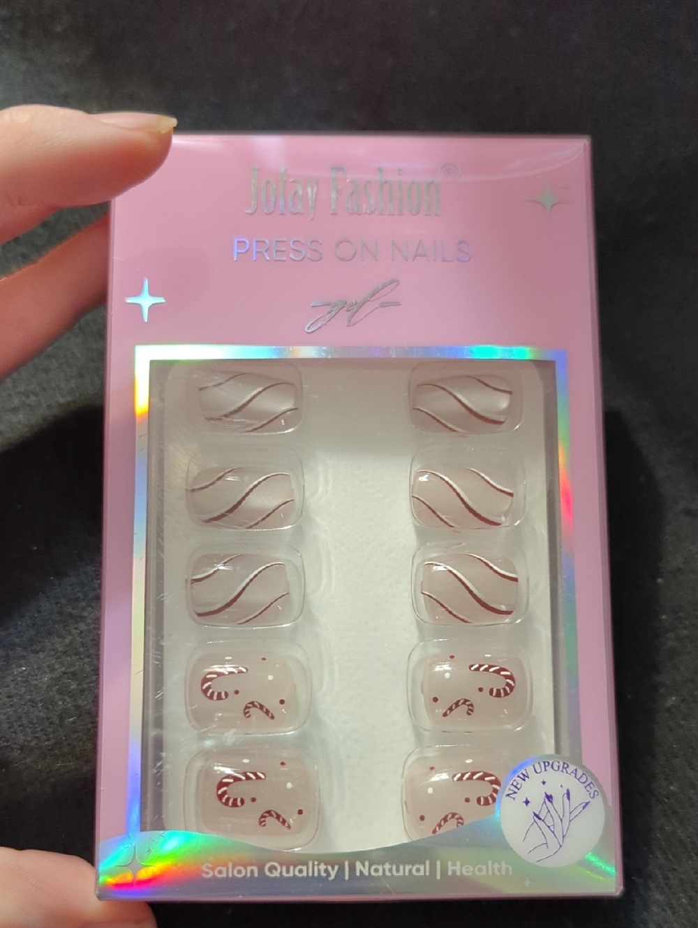 Jofay Fashion White Pearlescent With Red White Candy Stripes - Press-On Nails (5